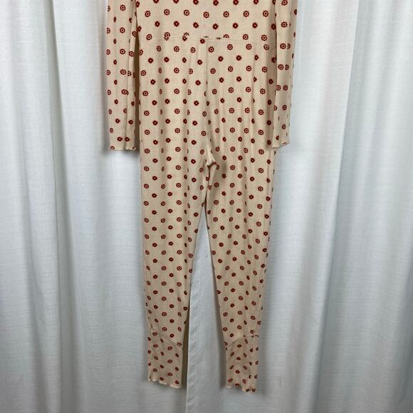 Free People Intimately Beige Print Waffle Knit Home Alone Long John’s Jumpsuit - Picture 13 of 16